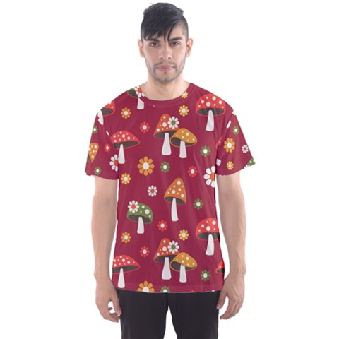 Woodland Mushroom And Daisy Seamless Pattern On Red Backgrounds Men s Sport Mesh Tee by Amaryn4rt