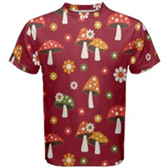 Woodland Mushroom And Daisy Seamless Pattern On Red Backgrounds Men s Cotton Tee by Amaryn4rt