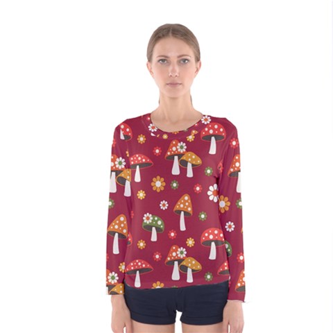 Woodland Mushroom And Daisy Seamless Pattern On Red Backgrounds Women s Long Sleeve Tee by Amaryn4rt