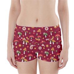 Woodland Mushroom And Daisy Seamless Pattern On Red Backgrounds Boyleg Bikini Wrap Bottoms by Amaryn4rt