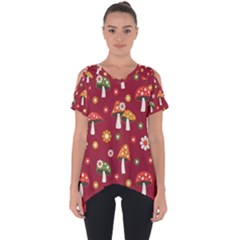 Woodland Mushroom And Daisy Seamless Pattern On Red Backgrounds Cut Out Side Drop Tee by Amaryn4rt