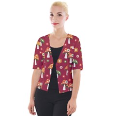 Woodland Mushroom And Daisy Seamless Pattern On Red Backgrounds Cropped Button Cardigan by Amaryn4rt