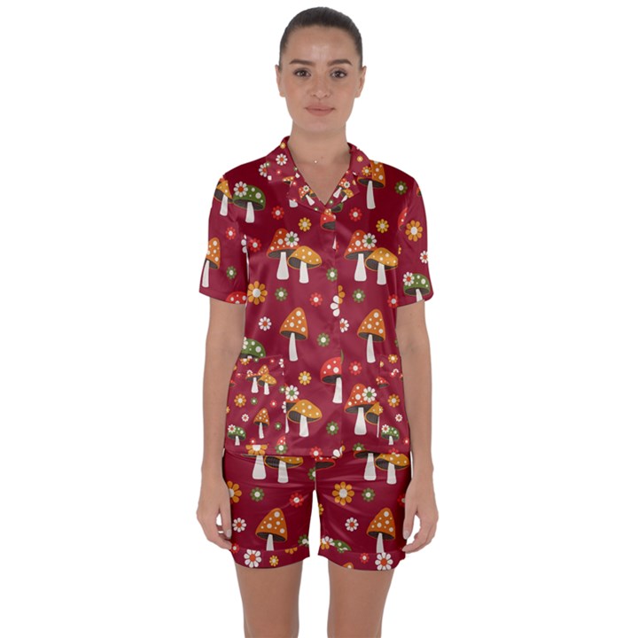 Woodland Mushroom And Daisy Seamless Pattern On Red Backgrounds Satin Short Sleeve Pajamas Set