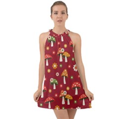 Woodland Mushroom And Daisy Seamless Pattern On Red Backgrounds Halter Tie Back Chiffon Dress by Amaryn4rt