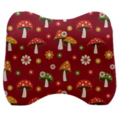 Woodland Mushroom And Daisy Seamless Pattern On Red Backgrounds Velour Head Support Cushion by Amaryn4rt