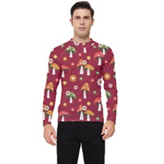 Woodland Mushroom And Daisy Seamless Pattern On Red Backgrounds Men s Long Sleeve Rash Guard by Amaryn4rt