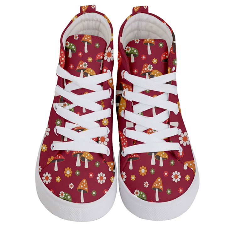 Woodland Mushroom And Daisy Seamless Pattern On Red Backgrounds Kids  Hi-Top Skate Sneakers