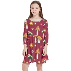 Woodland Mushroom And Daisy Seamless Pattern On Red Backgrounds Kids  Quarter Sleeve Skater Dress by Amaryn4rt