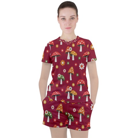 Woodland Mushroom And Daisy Seamless Pattern On Red Backgrounds Women s Tee And Shorts Set by Amaryn4rt