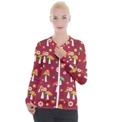 Woodland Mushroom And Daisy Seamless Pattern On Red Backgrounds Casual Zip Up Jacket by Amaryn4rt