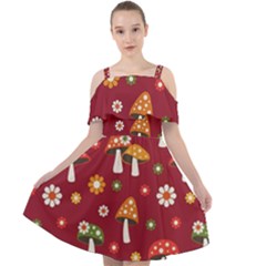 Woodland Mushroom And Daisy Seamless Pattern On Red Backgrounds Cut Out Shoulders Chiffon Dress by Amaryn4rt