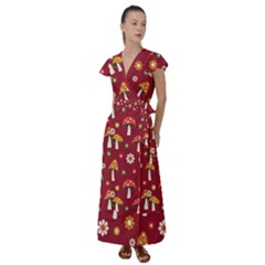 Woodland Mushroom And Daisy Seamless Pattern On Red Backgrounds Flutter Sleeve Maxi Dress by Amaryn4rt