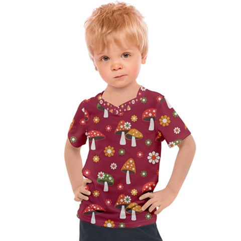 Woodland Mushroom And Daisy Seamless Pattern On Red Backgrounds Kids  Sports Tee by Amaryn4rt