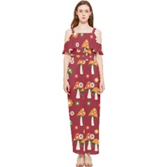 Woodland Mushroom And Daisy Seamless Pattern On Red Backgrounds Draped Sleeveless Chiffon Jumpsuit