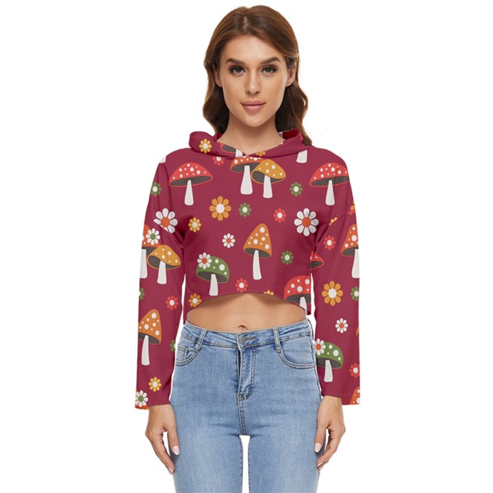 Woodland Mushroom And Daisy Seamless Pattern On Red Backgrounds Women s Lightweight Cropped Hoodie