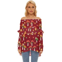 Woodland Mushroom And Daisy Seamless Pattern On Red Backgrounds Off Shoulder Chiffon Pocket Shirt by Amaryn4rt