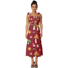 Woodland Mushroom And Daisy Seamless Pattern On Red Backgrounds Tie-strap Tiered Midi Chiffon Dress by Amaryn4rt