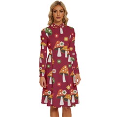 Woodland Mushroom And Daisy Seamless Pattern On Red Backgrounds Long Sleeve Shirt Collar A-line Dress by Amaryn4rt