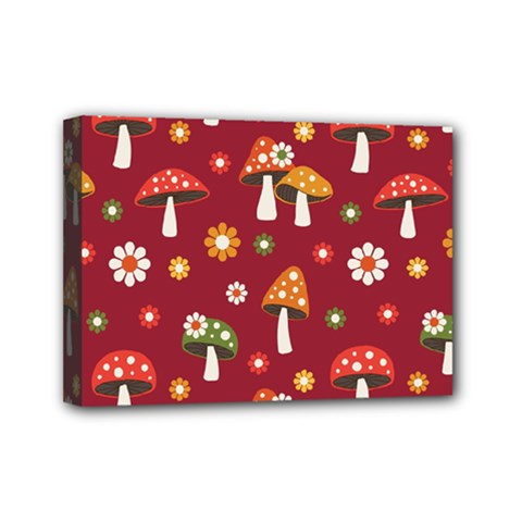 Woodland Mushroom And Daisy Seamless Pattern On Red Backgrounds Mini Canvas 7  X 5  (stretched) by Amaryn4rt