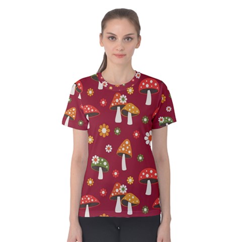 Woodland Mushroom And Daisy Seamless Pattern On Red Backgrounds Women s Cotton Tee by Amaryn4rt