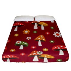 Woodland Mushroom And Daisy Seamless Pattern On Red Backgrounds Fitted Sheet (queen Size) by Amaryn4rt