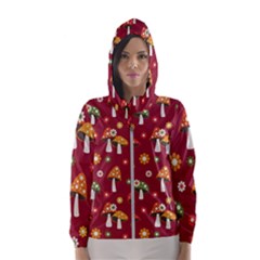 Woodland Mushroom And Daisy Seamless Pattern On Red Backgrounds Women s Hooded Windbreaker by Amaryn4rt