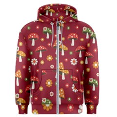 Woodland Mushroom And Daisy Seamless Pattern On Red Backgrounds Men s Zipper Hoodie