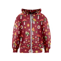 Woodland Mushroom And Daisy Seamless Pattern On Red Backgrounds Kids  Zipper Hoodie by Amaryn4rt