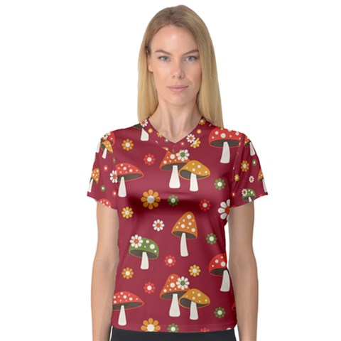 Woodland Mushroom And Daisy Seamless Pattern On Red Backgrounds V-neck Sport Mesh Tee by Amaryn4rt