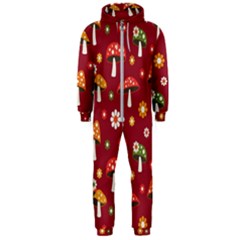 Woodland Mushroom And Daisy Seamless Pattern On Red Backgrounds Hooded Jumpsuit (men)