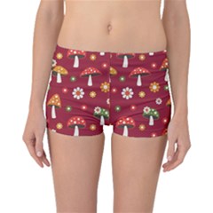 Woodland Mushroom And Daisy Seamless Pattern On Red Backgrounds Boyleg Bikini Bottoms by Amaryn4rt