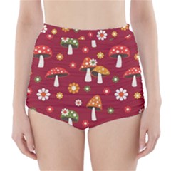 Woodland Mushroom And Daisy Seamless Pattern On Red Backgrounds High-waisted Bikini Bottoms by Amaryn4rt