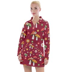 Woodland Mushroom And Daisy Seamless Pattern On Red Backgrounds Women s Long Sleeve Casual Dress by Amaryn4rt