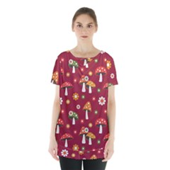 Woodland Mushroom And Daisy Seamless Pattern On Red Backgrounds Skirt Hem Sports Top by Amaryn4rt