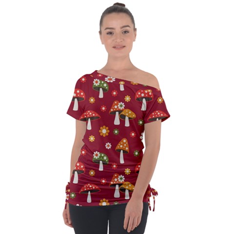 Woodland Mushroom And Daisy Seamless Pattern On Red Backgrounds Off Shoulder Tie-up Tee by Amaryn4rt