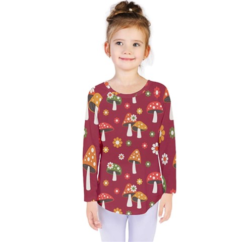 Woodland Mushroom And Daisy Seamless Pattern On Red Backgrounds Kids  Long Sleeve Tee by Amaryn4rt