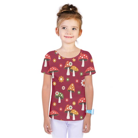 Woodland Mushroom And Daisy Seamless Pattern On Red Backgrounds Kids  One Piece Tee by Amaryn4rt