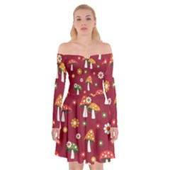 Woodland Mushroom And Daisy Seamless Pattern On Red Backgrounds Off Shoulder Skater Dress by Amaryn4rt