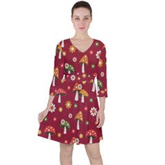 Woodland Mushroom And Daisy Seamless Pattern On Red Backgrounds Quarter Sleeve Ruffle Waist Dress by Amaryn4rt