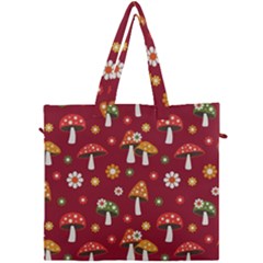 Woodland Mushroom And Daisy Seamless Pattern On Red Backgrounds Canvas Travel Bag by Amaryn4rt