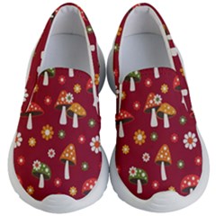 Woodland Mushroom And Daisy Seamless Pattern On Red Backgrounds Kids Lightweight Slip Ons by Amaryn4rt