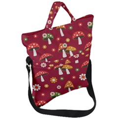 Woodland Mushroom And Daisy Seamless Pattern On Red Backgrounds Fold Over Handle Tote Bag by Amaryn4rt