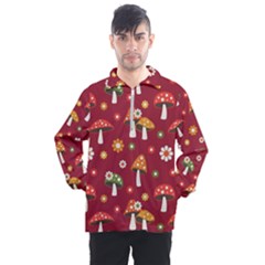 Woodland Mushroom And Daisy Seamless Pattern On Red Backgrounds Men s Half Zip Pullover by Amaryn4rt