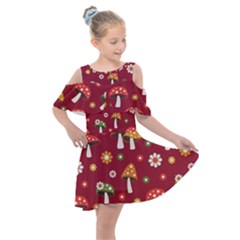 Woodland Mushroom And Daisy Seamless Pattern On Red Backgrounds Kids  Shoulder Cutout Chiffon Dress by Amaryn4rt