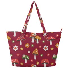 Woodland Mushroom And Daisy Seamless Pattern On Red Backgrounds Full Print Shoulder Bag by Amaryn4rt