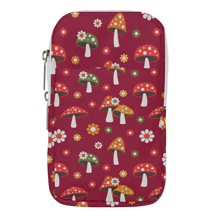 Woodland Mushroom And Daisy Seamless Pattern On Red Backgrounds Waist Pouch (Large)