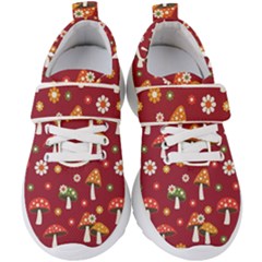 Woodland Mushroom And Daisy Seamless Pattern On Red Backgrounds Kids  Velcro Strap Shoes by Amaryn4rt