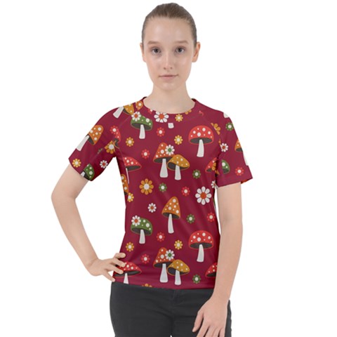 Woodland Mushroom And Daisy Seamless Pattern On Red Backgrounds Women s Sport Raglan Tee by Amaryn4rt