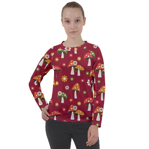 Woodland Mushroom And Daisy Seamless Pattern On Red Backgrounds Women s Long Sleeve Raglan Tee by Amaryn4rt