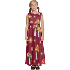 Woodland Mushroom And Daisy Seamless Pattern On Red Backgrounds Kids  Satin Sleeveless Maxi Dress by Amaryn4rt